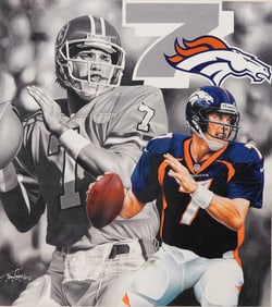 Original Mixed Media Drawing by Tim Cortes Depicting John Elway, Signed
