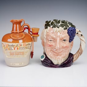 2pc Character Jug Bacchus HN6499 & Ye Whisky of Ye Monks Sealed Scotch