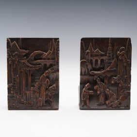 Pair of Chinese Carved Wood Figural Bookends