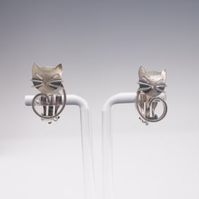 Pair of Beau Sterling Silver Cat Clip-On Earrings