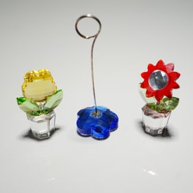 3pc Swarovski Crystal Flower Figurines and Note Holder