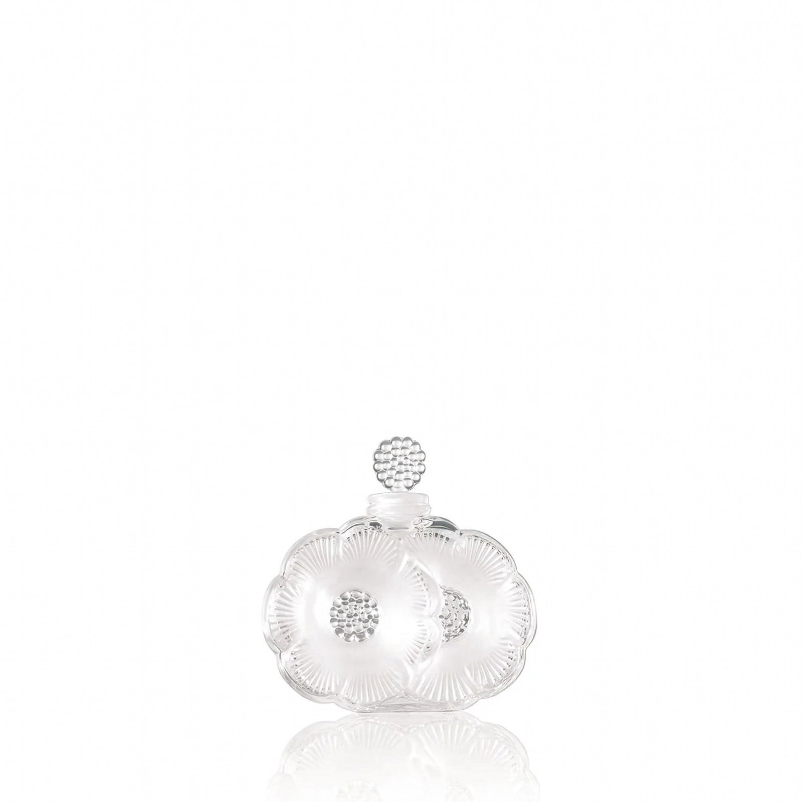 Lalique Crystal Perfume Bottle with Stopper, 2 Fleurs, Sealed Box: Featuring a dual floral motif and matching stopper. The piece is crafted in clear crystal with textured detailing and comes in its original sealed Lalique box. This item has its original box. SKU numb