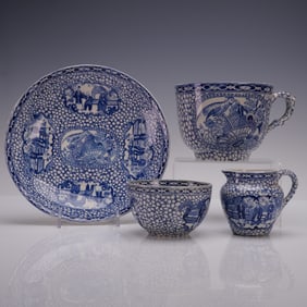 4pc Adams England Porcelain Blue and White Chinese Pattern, Cups & Bowls