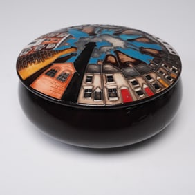 2pc Moorcroft Pottery Covered Dish, Chimney Town