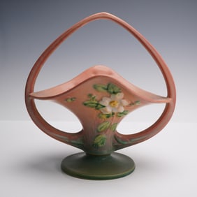 Roseville Pottery White Rose Pink Basket, 363-10