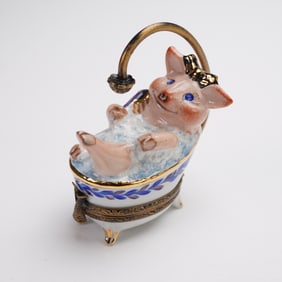 BRC Limoges France Pig In Bath Tub Treasure Box