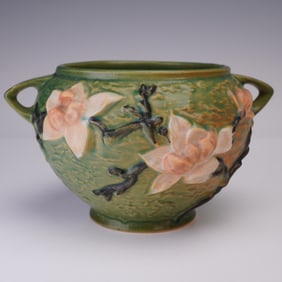 Roseville Pottery Green Double-Handled Vase, Magnolia