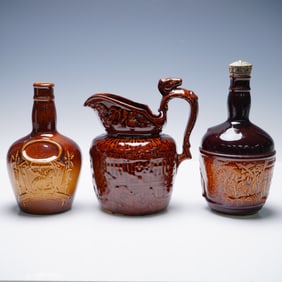 3pc Glazed Stoneware Spirit Bottles with Rockingham Pitcher