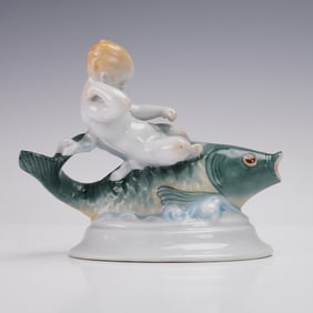 Herend Porcelain Figurine, Baby Boy Riding On A Fish