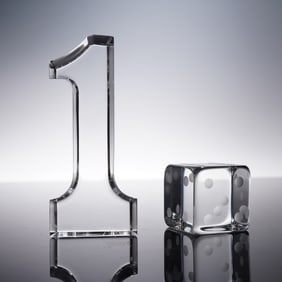 2pc Baccarat Crystal Figurine & Paperweight, Number One and Dice