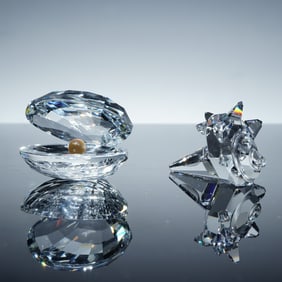 2pc Swarovski Crystal Figurines, South Sea Shell & Large Shell with Pearl
