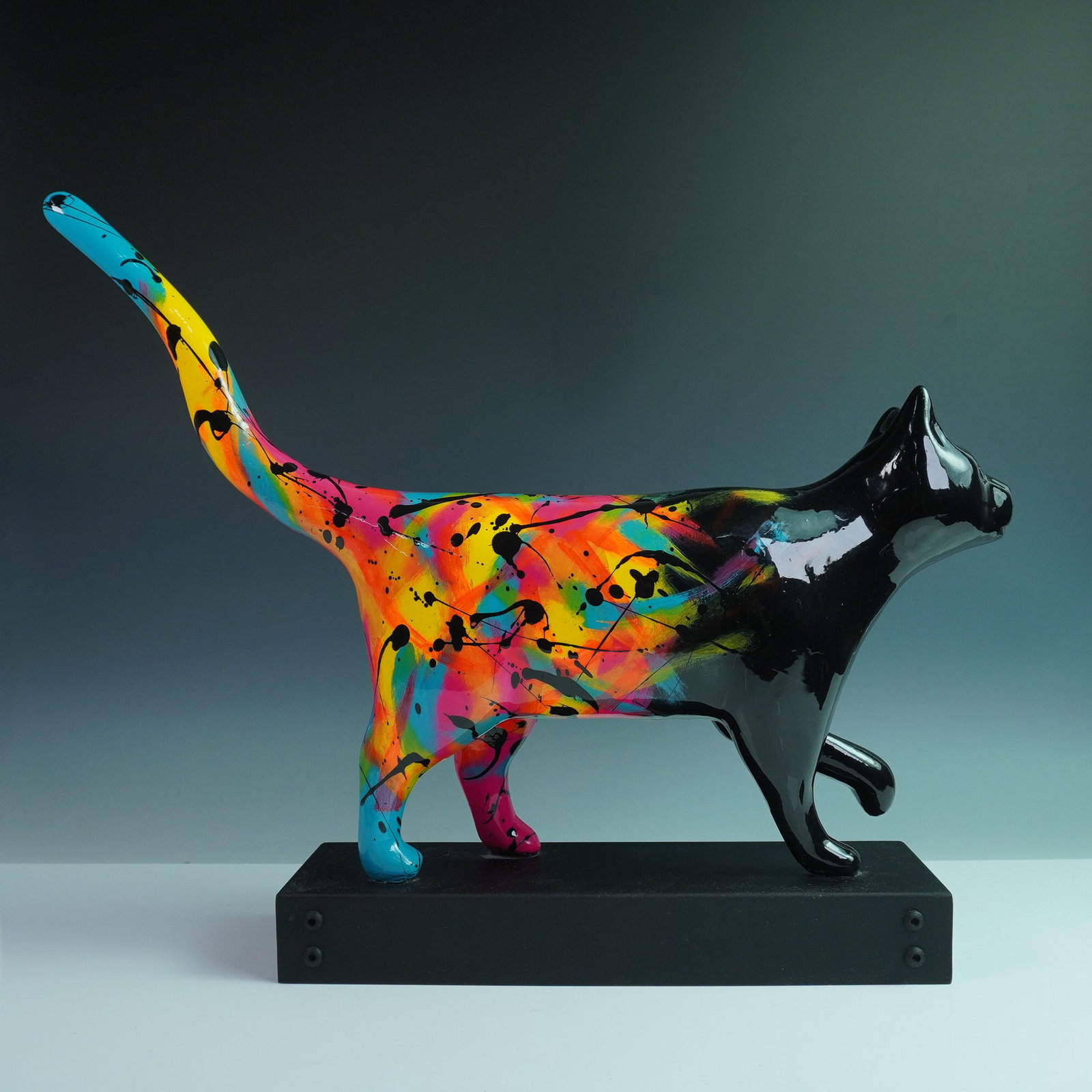 Andres Martinez Cat Sculpture, Special Edition 2022: Vibrant hand-painted cat sculpture by Andres Martinez, titled Gato. This striking piece showcases a bold abstract expressionist style with dynamic splashes of neon and black over a glossy surface. Cre