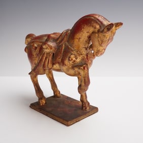 Tang Style Gilt and Polychrome Painted Horse Metal Sculpture