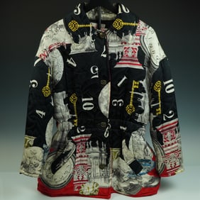 Byblos Printed Italian Quilted Jacket: Architectural & Horological Motifs