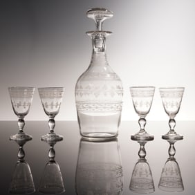 5pc Etched Crystal Decanter with Stopper and Cordial Glass Set