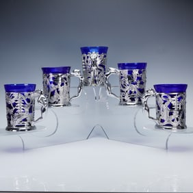 5pc Japanese Silver Tone Metal and Glass Tankards