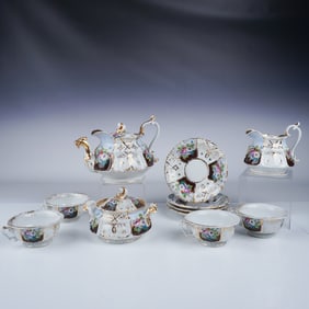 Porcelain Tea Set, 11pc, Hand-Painted Floral Design