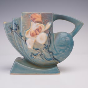 Roseville Pottery Blue Cornucopia Vase, Magnolia