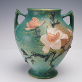 Roseville Pottery Blue Handled Vase, Magnolia