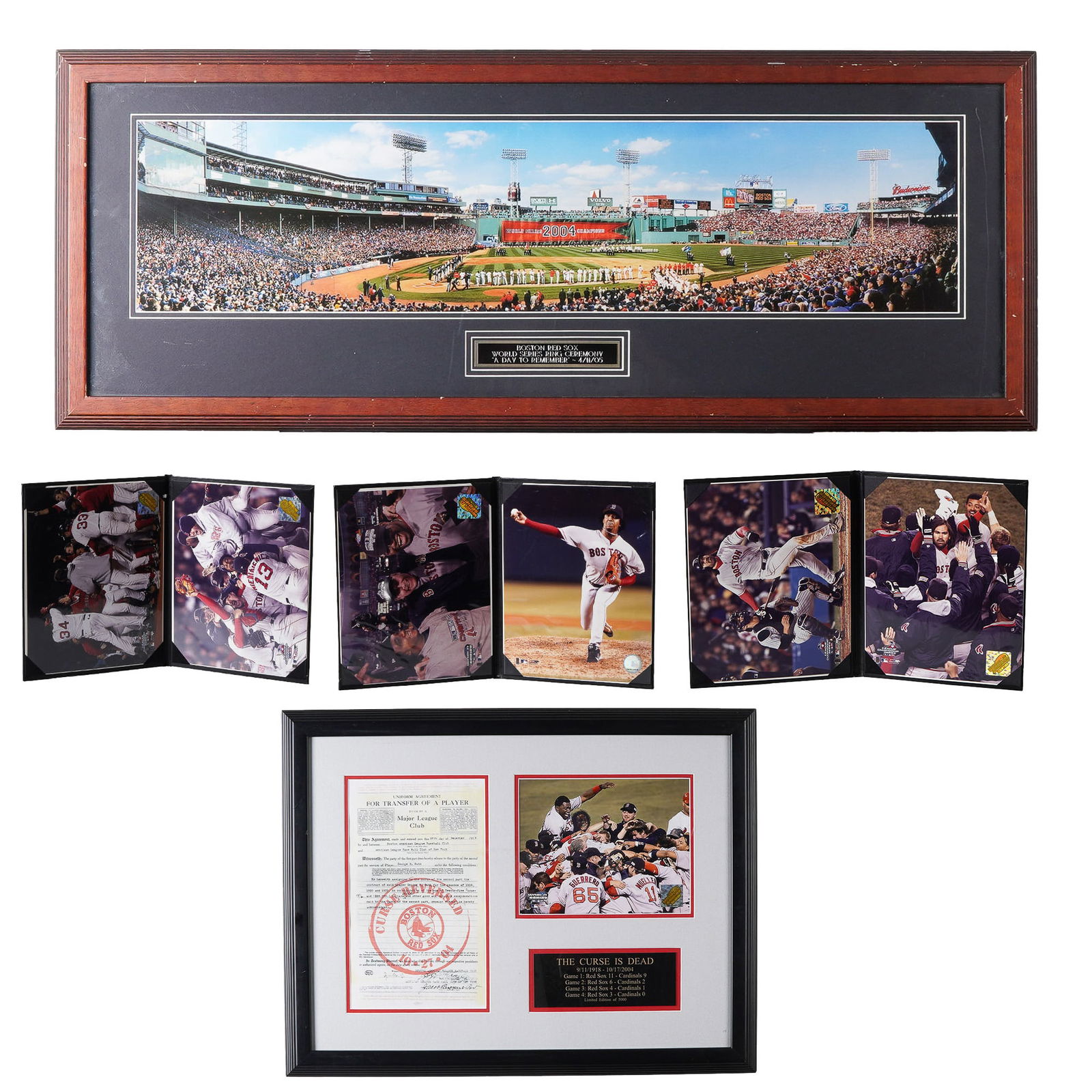 5pc Boston Red Sox 2004 World Series Memorabilia Collection: A remarkable collection of memorabilia commemorating the Boston Red Sox's historic 2004 World Series victory, breaking the "Curse of the Bambino." Includes six 8L x 10H photographs featuring iconic mo