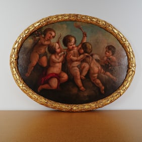 19th Century French School Oil on Canvas Putti Cherubs in Oval Gilded Frame