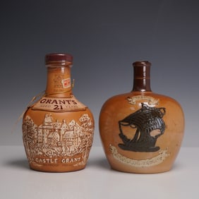 2pc Royal Doulton & Doulton Lambeth Stoneware Whisky Bottles