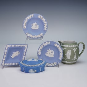 5pc Wedgwood Jasperware Lot, Pitcher, Lidded Box, Dishes and Ashtrays