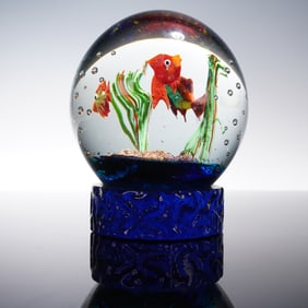 Murano Art Glass Aquarium Sculpture with Multicolor Fish and Cobalt Base