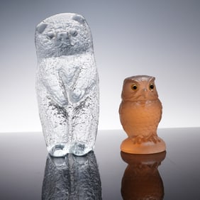 2pc Summit Art Glass Amber Owl and Clear Glass Bear Figurines