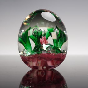 Joe St Clair Pink Flower and Green Leaf Egg Paperweight