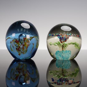 2pc Floral Art Glass Paperweights