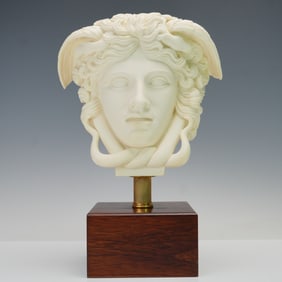 Medusa Head Statue on Wooden Block Base