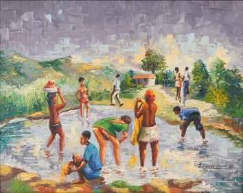 Emmanuel Pierre Charles, Haitian Oil on Canvas, Bathing Scene, Signed