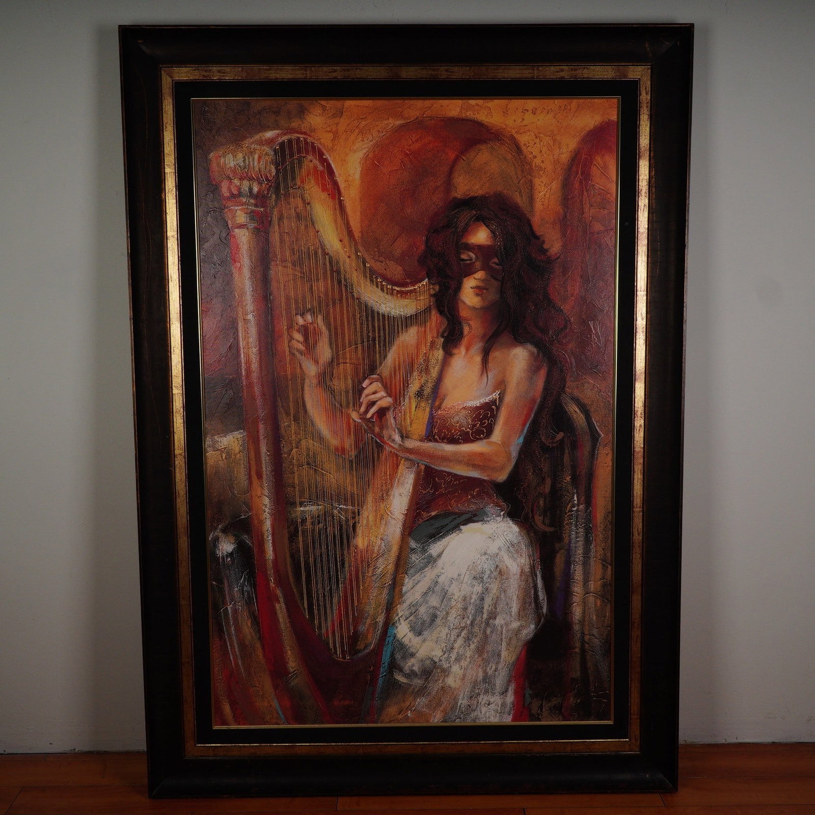 Lena Sotskova, Hand Embellished Giclee on Canvas, Signed w/ COA: Lena Sotskova's Inspiration 2 captures an air of mystery and grace in a richly textured scene of a masked woman playing the harp, rendered in warm, vibrant tones with masterful detail. This giclee on 