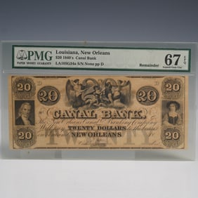 1840s $20 New Orleans Canal Bank Banknote PMG Graded Superb Gem Unc 67 EPQ