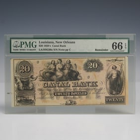 1850s $20 Canal Bank Louisiana Banknote PMG Graded 66 Gem Uncirculated EPQ