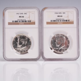 2pc 1966 & 1967 SMS Kennedy Half Dollar Coin NGC Graded MS 66