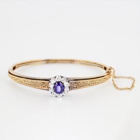 1ct Sapphire and 1.25ctw Diamond Cluster Gold Bangle Bracelet