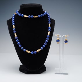 14K Gold and Lapis Lazuli Necklace and Earrings Set
