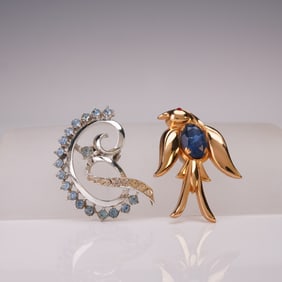 2pc Coro Jeweled Brooches, Swirling & Bird Motifs