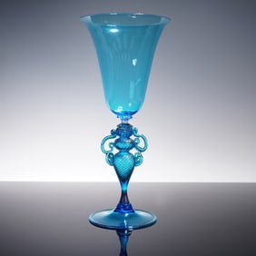 Alfredo Barbini Murano Art Glass, Blue Goblet, Signed