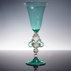 Alfredo Barbini Murano Art Glass, Green Spiral Stem Goblet, Signed