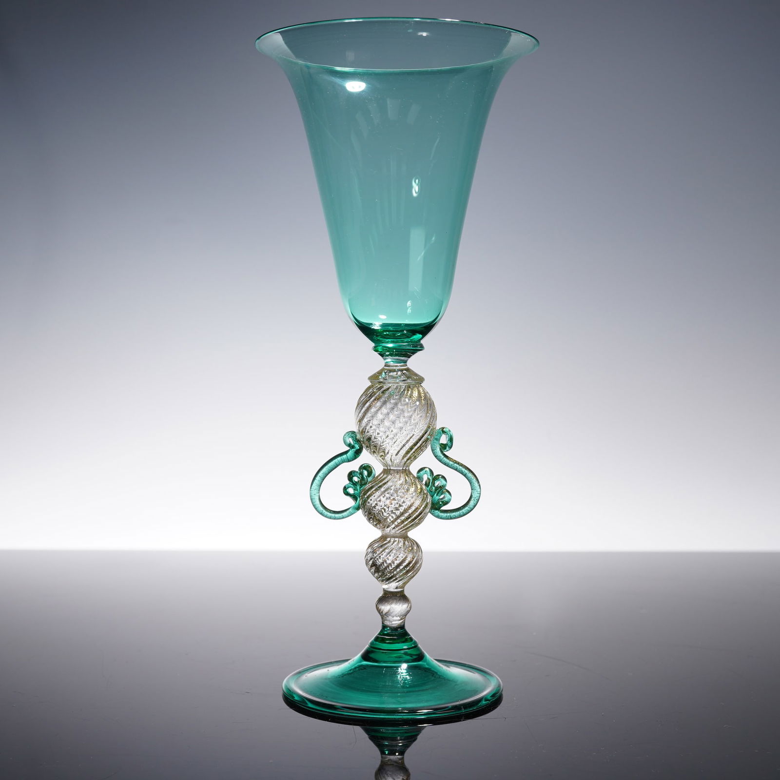Alfredo Barbini Murano Art Glass, Green Spiral Stem Goblet, Signed (1 of 6)