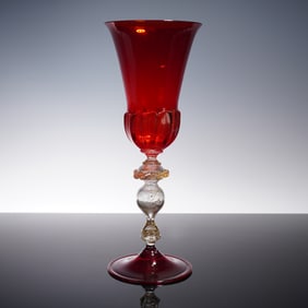 Carlo Tosi Caramea Murano Art Glass, Red and Gold Goblet, Signed
