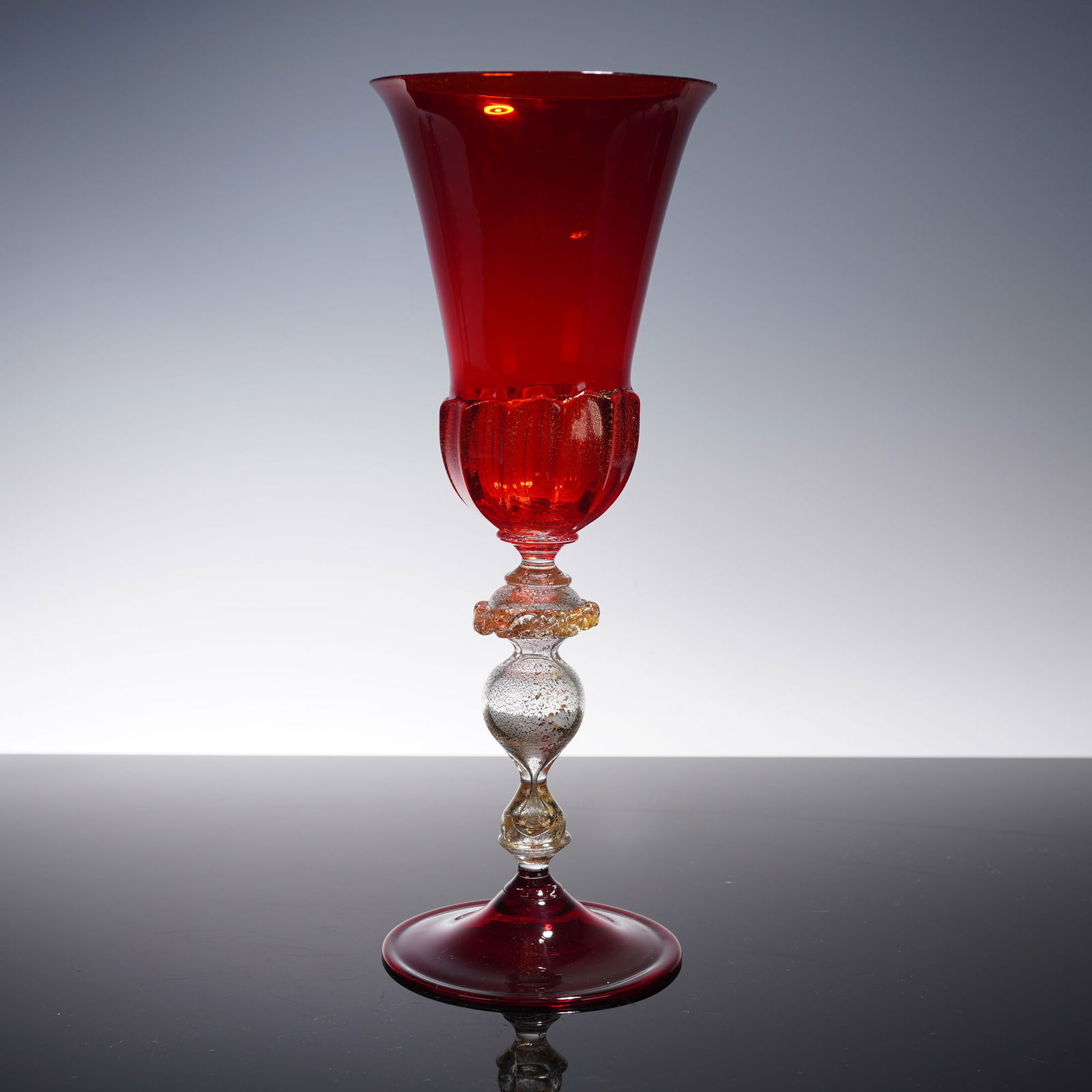 Carlo Tosi Caramea Murano Art Glass, Red and Gold Goblet, Signed (1 of 6)