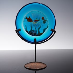Art Glass Aquatic Scene Plaque on Metal Stand