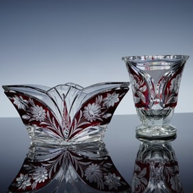 2pc Bohemian Crystal Cranberry Cut to Clear Vase and Candy Dish