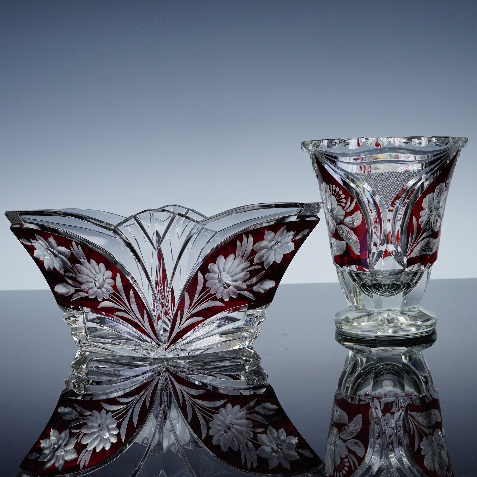 2pc Bohemian Crystal Cranberry Cut to Clear Vase and Candy Dish (1 of 4)