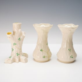 3pc Belleek Irish Porcelain Vases with Shamrock Decoration