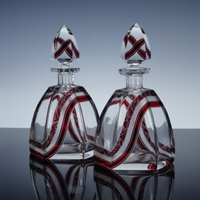 2pc Art Deco Crystal Decanters with Stoppers